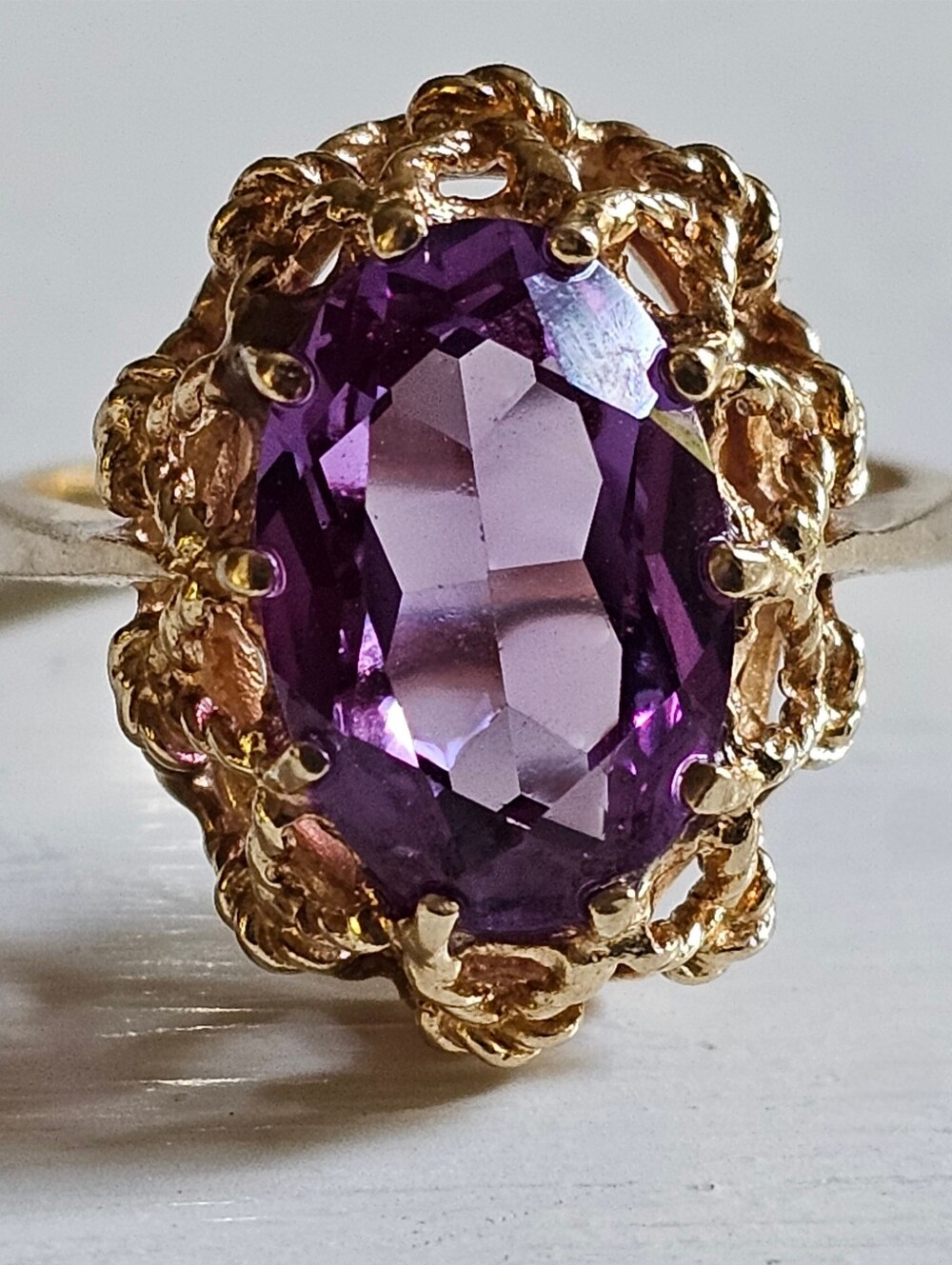 Vintage 10k Gold Brutalist Mid Century Nugget Rope Filigree Amethyst Ring